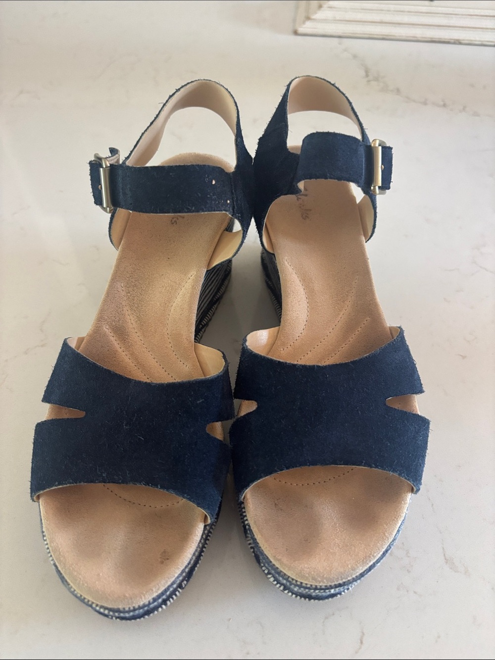 Clarks Navy Suede Wedge Sandals for Women